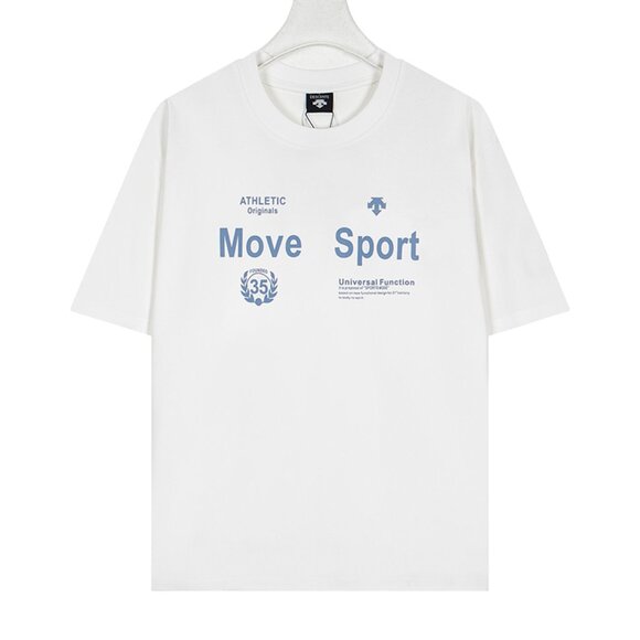 White Short-Sleeved T-Shirt With Blue Letter Print Descente